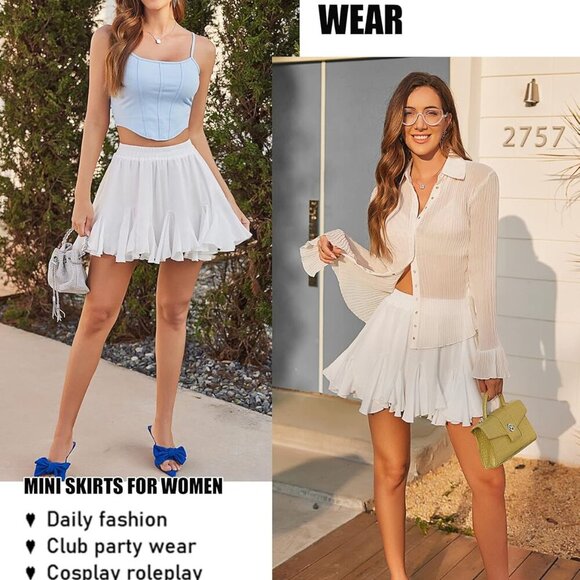 Women's Pleated Skater Skirt Basic Casual High Waisted Ruffles Flared Mini Linge - Picture 4 of 6